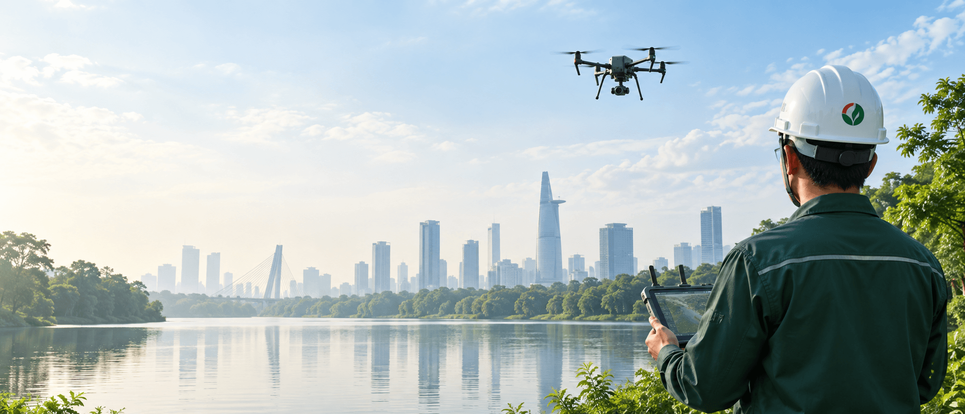 Kỹ sư môi trường vận hành UAV bên hồ đô thị
